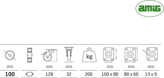 Set wielen 4 zwenkwielen 100 mm rubber grijs, € 28,27