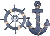 Merkloos - Boot decoratie - 2-pack - 28 cm Houten Stuur en 33 cm Houten Anker - Wanddecoratie - Maritieme Decoratie