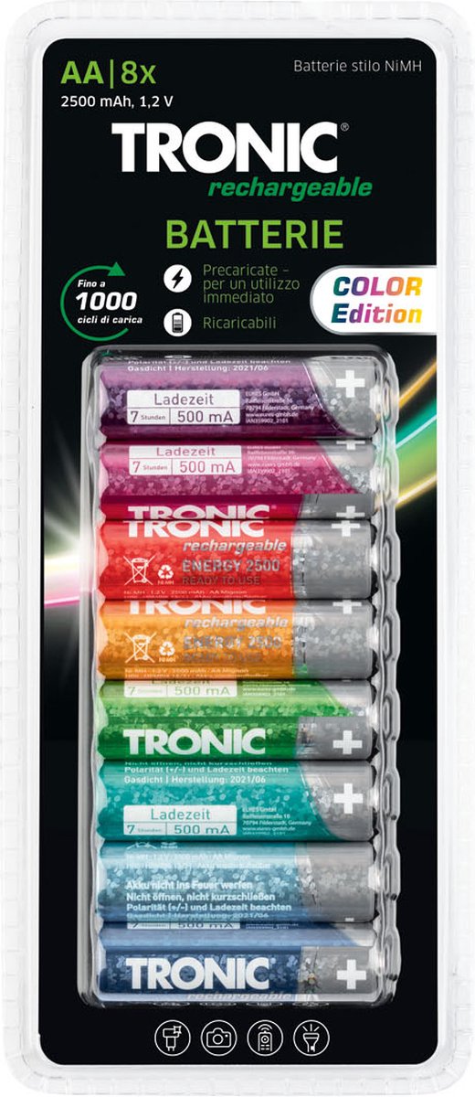 TRONIC Oplaadbare batterijen - NiMH-batterijen - Deze oplaadbare batterijen zijn al opgeladen en hierdoor direct klaar voor gebruik! - Type: AA - Aantal: 8 stuks