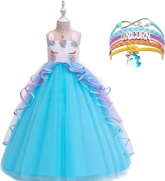 Unicorn Jurk | Eenhoorn Jurk | Prinsessenjurk Meisje | + Armband | Verkleedkleren Meisje |maat 98/104(100)| Prinsessen Verkleedkleding | Carnavalskleding Kinderen | Blauw