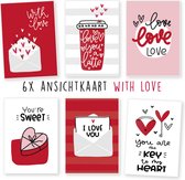 Kimago.nl - wenskaarten - kaartenset - ansichtkaarten - valentijn - fun - liefde - love - with love - 6 stuks