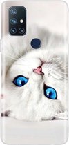 OnePlus Nord N100 Hoesje - Siliconen Back Cover - Shock Proof TPU - Witte kat met blauwe ogen