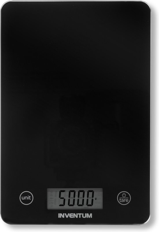 Inventum WS305B - Digitale keukenweegschaal - 1 gr tot 5 kg - Tarrafunctie - Glazen oppervlak - Inclusief batterij - Zwart glas