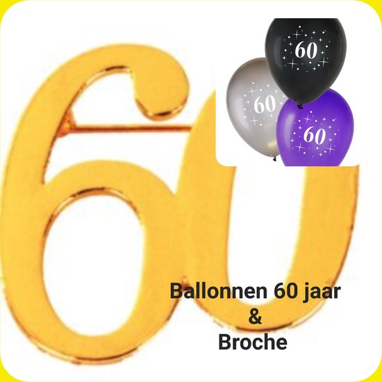 6 Metallic  ballonnen geprint met het getal 60 & Broche 60 Goudkleurig, verjaardag, jubileum