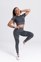 Mives® Sportlegging en Top - Yoga - Fitness set - Scrunch Butt - Dames Legging - Sportkleding - Fashion legging - Broeken - Gym Sports - Legging Fitness Wear - High Waist - GRIJS - maat M - KORTE MOUWEN