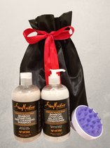 Shea Moisture African Black Soap Bamboo Charcoal Shampoo + Conditioner + Scalp brush Voordeelset - Verhelpt schilfers, anti-roos, gevoelige hoofdhuid - GRATIS Luxe Geschenkverpakki