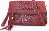 Kroko Suede Leer Clutch / Schoudertas Donkerrood