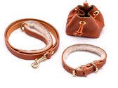 Luxe Leder -halsband - traktatiezak - afvalzak drager- set - Beige wollen - Halsband maat XS/S (24-32cm)