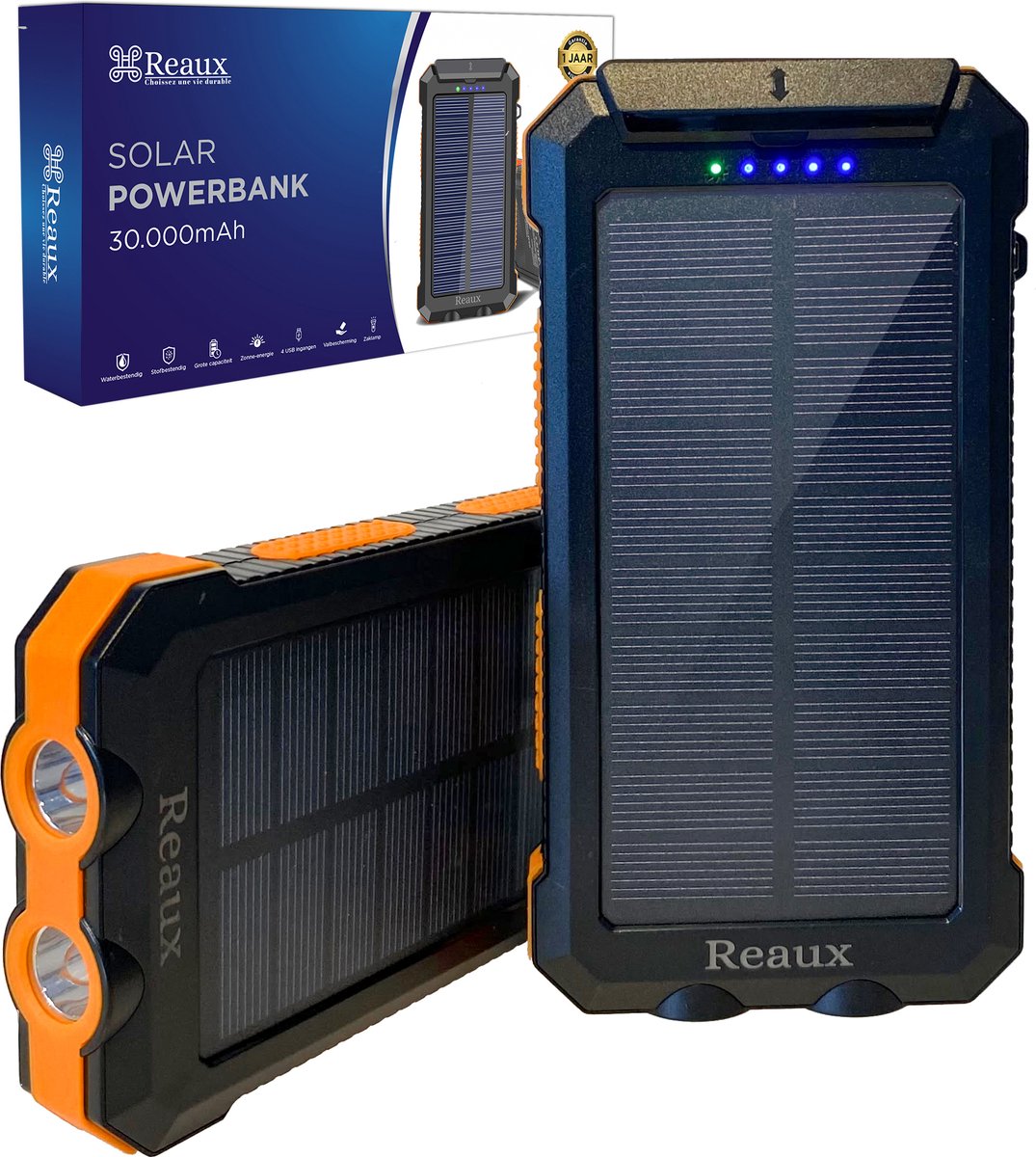 Premium Reaux Solar Powerbank 30.000 mAh Charger op zonneenergie - 20% korting - USBC/Micro USB-Powerbank IPhone & Samsung-Oranje