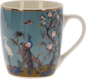 Set van 4 porseleinen koffiekopjes 200 ml met kraanvogels, reigers en pauwen in roze- en blauwtinten