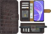 Oppo A73 5G Hoesje - Bookcase - Oppo A73 5G Wallet Book Case Echt Leer Croco Chocoladebruin Cover