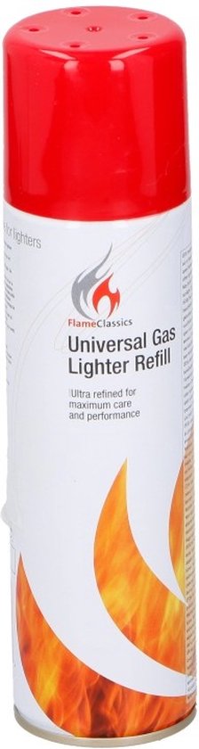 Universal Gas Lighter Refill - bouchon rouge, boîte blanche avec flammes et texte.