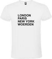 Wit t-shirt met " London, Paris , New York, Woerden " print Zwart size L