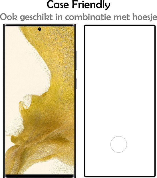 Schermprotector 'Case Friendly', met tekst 'Ook geschikt in combinatie met hoesje'.