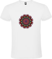 Wit T-shirt met Grote Mandala in Groen en Donker Roze kleuren size XXL