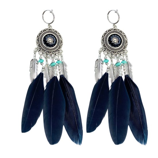 Klem -oorbellen -zwart -turquoise -veren- geen gaatje- 12 cm-Charme Bijoux