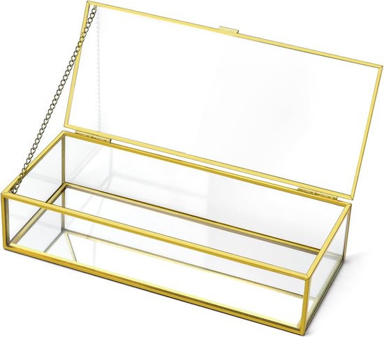 Gouden vintage glazen doos, sieradenorganizer, transparante rechthoekige doos, 23,3 x 10 x 5,3 cm, voor sieradenorganizer