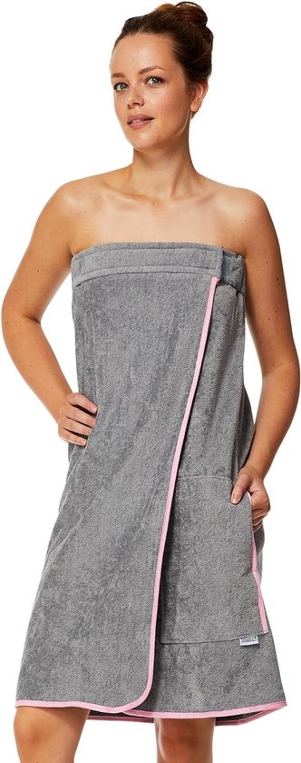 Saunakilt voor dames, 100% biologisch katoen, saunahanddoek met klittenbandsluiting en elastiek, saunahanddoek knielang, 80 x 130 cm, grijs/roze