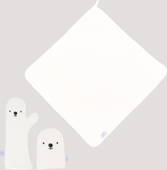 The Original Baby Shower Glove met Standaard Badcape en Washandje - Nifty - Baby Washandje - Lange washand - Badcape 75x75 - Washandje Baby - Biologisch Katoen – Wit