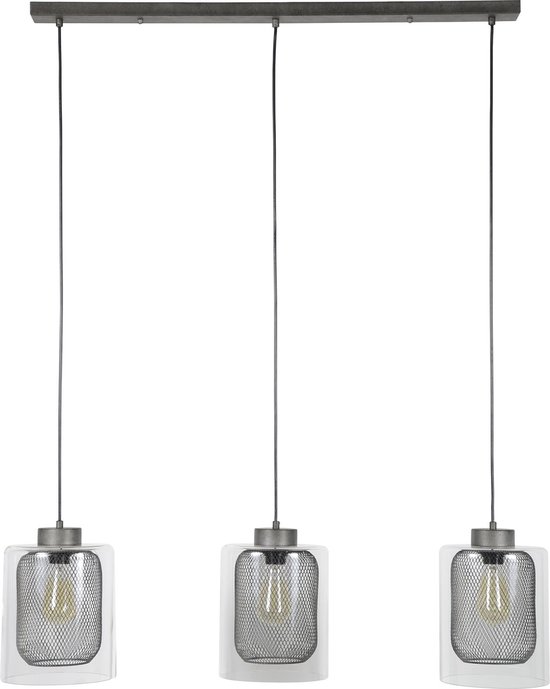 Hanglamp oud zilver met raster-glas | 3 lichts | Ø 20 cm | 100x20x150 cm | eettafel / woonkamer | verstelbare hoogte | modern / industrieel design