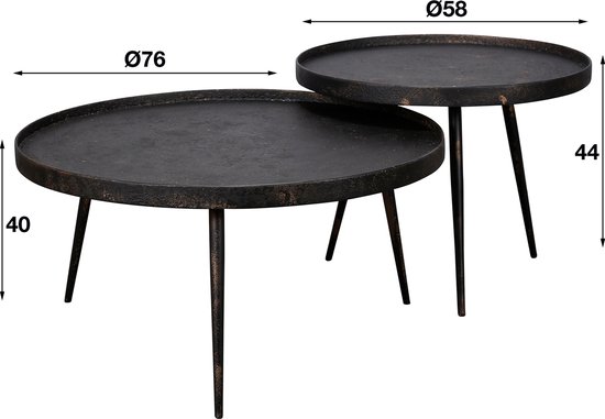 Table basse set de 2 rondes Gris métallisé | Ø 76 cm x 40 cm de hauteur | salon design moderne | robuste et élégant