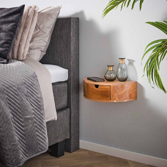 Nachtkastje Curve met 1 lade | massief acacia naturel | 40x20x12 cm | compact & stijlvol design | slaapkamer
