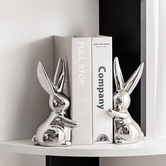 Decoratieve keramische boekuiteinden, eigenzinnige konijnenboekensteunen, konijntjesboekhouders stopper voor planken kunst boekensteun - zilver