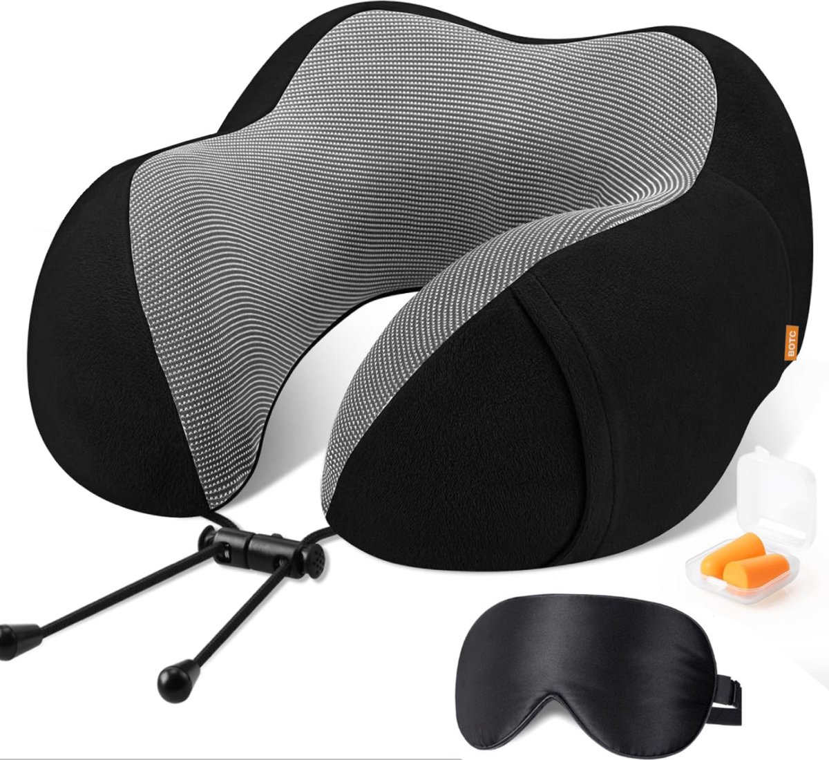 BOTC Nekkussen - Travel Pillow - Memoryfoam - Luxe Reiskussen Set - Inclusief Oordoppen en Slaapmasker- Vliegtuig & Auto - Zwart - BOTC
