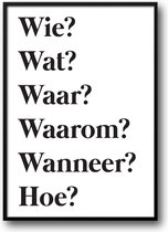 Wie? Wat? Waar? Waarom? Wanneer? Hoe? fotolijst met glas 30 x 40 cm - Prachtige kwaliteit - Woonkamer - Slaapkamer - Harde lijst - Glazen plaat - inclusief ophangsysteem - Grappige Poster - Foto op hoge kwaliteit uitgeprint