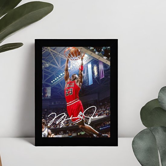 Michael Jordan Kunst - Gedrukte handtekening - 10 x 15 cm - In Klassiek Zwart Frame - Chicago Bulls - NBA - Basketbal - Dunk