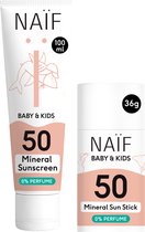 Naïf - Coffret Crème Solaire Minérale & Stick Crème solaire Minéral - Bébés & Enfants - 0% parfum - SPF50 - 100ml + 36gr