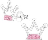 Joy|S - Zilveren kroontje oorbellen - 10 x 8 mm - roze Swarovski kristal