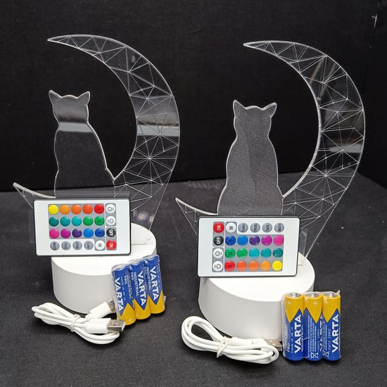 Lumiasfer - Duo Nachtlamp 'Katten op maan' - Sfeerlamp - LED lamp - 3D Illusion - 7 kleuren en 4 effecten van Lumi. — afbeelding 2