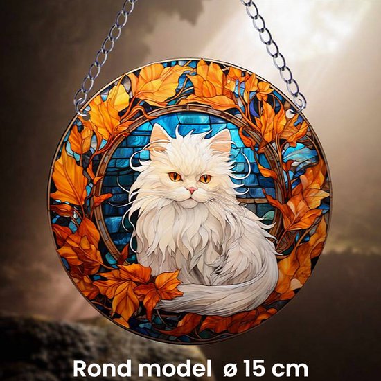 Raamhanger Raamdecoratie Witte Poes Katje - Kleurige Zonnevanger Rond Acryl met Ketting - Dieren - Glas in Lood Suncatcher Rond model 15 cm %%
