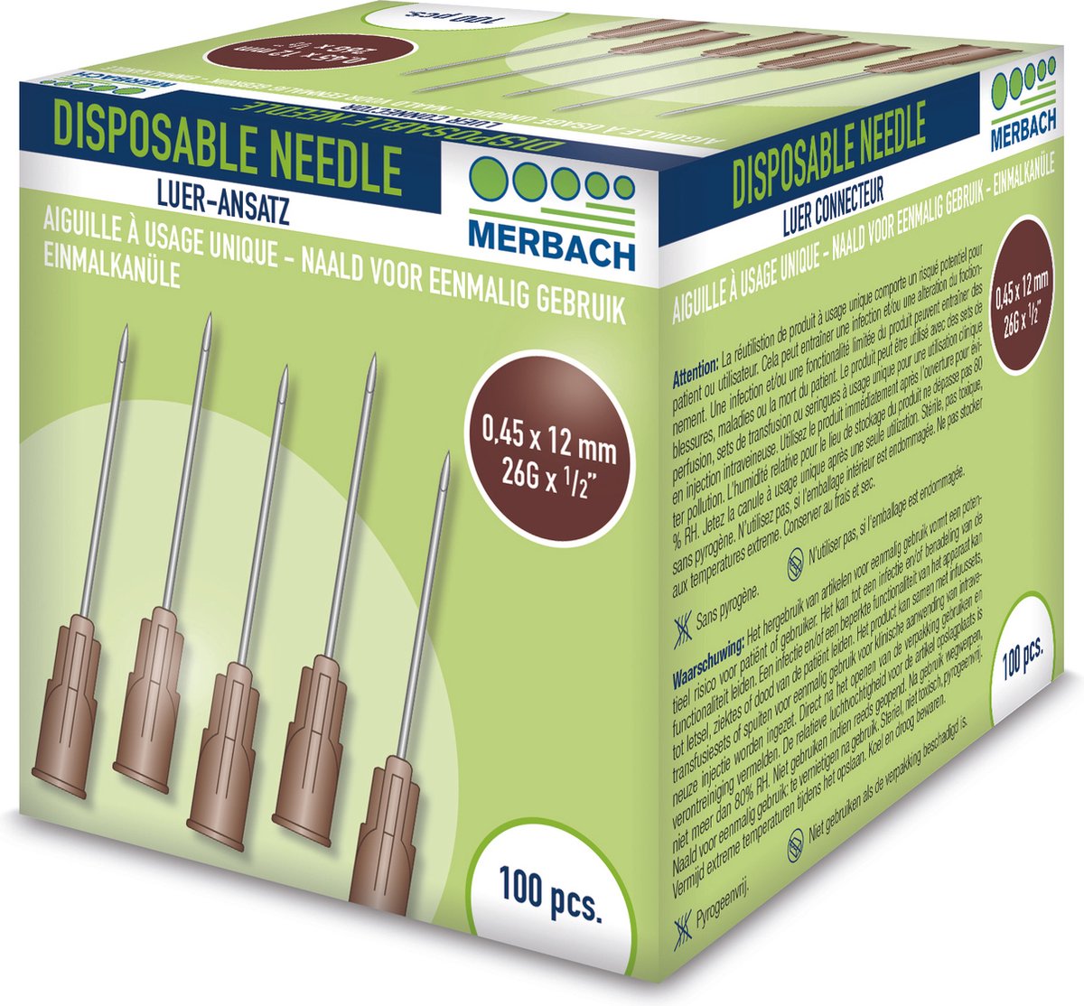 Goedkoopste Voordeelverpakking 4 X Merbach Injectienaalden 26 G x 1/2 - 13mm bruin 100 stuks