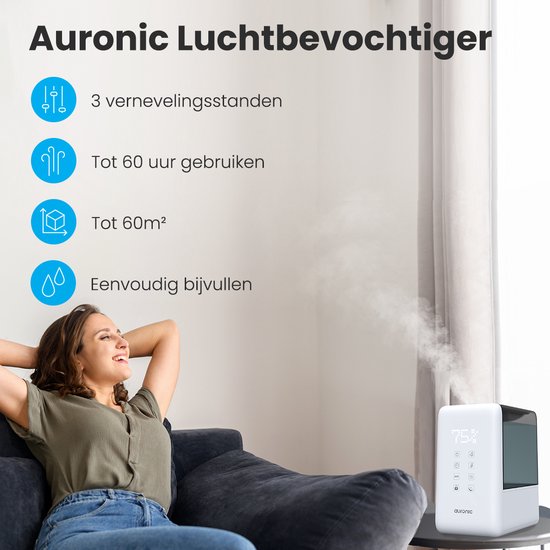 Auronic Luchtbevochtiger - 6L Tankcapaciteit Incl. Waterfilter - 50m2 - Babykamer & Slaapkamer - 3 Vernevelingsstanden - Wit