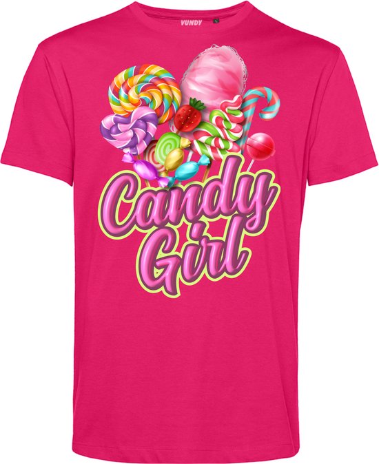 T-shirt fuchsia VUNDY avec inscription "Candy Girl" et un assortiment de bonbons et sucettes colorés.