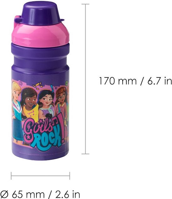 Gourde violette avec bouchon rose, illustrant 4 LEGO Friends et le texte 'Girls Rock'.