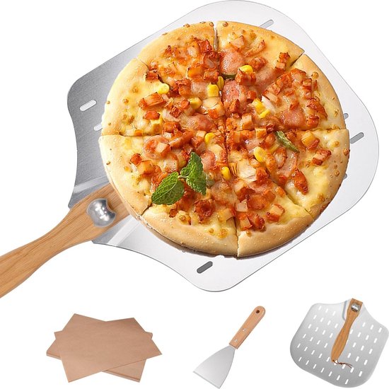 Pizzaschuiver, driehoekige spatel, 35,5 x 30,5 cm, geperforeerd, pizzaschep aluminium met klapgreep, 20 stuks bakpapier, op maat gezaagde pizzaaccessoires, ideaal voor zelfgemaakte pizza
