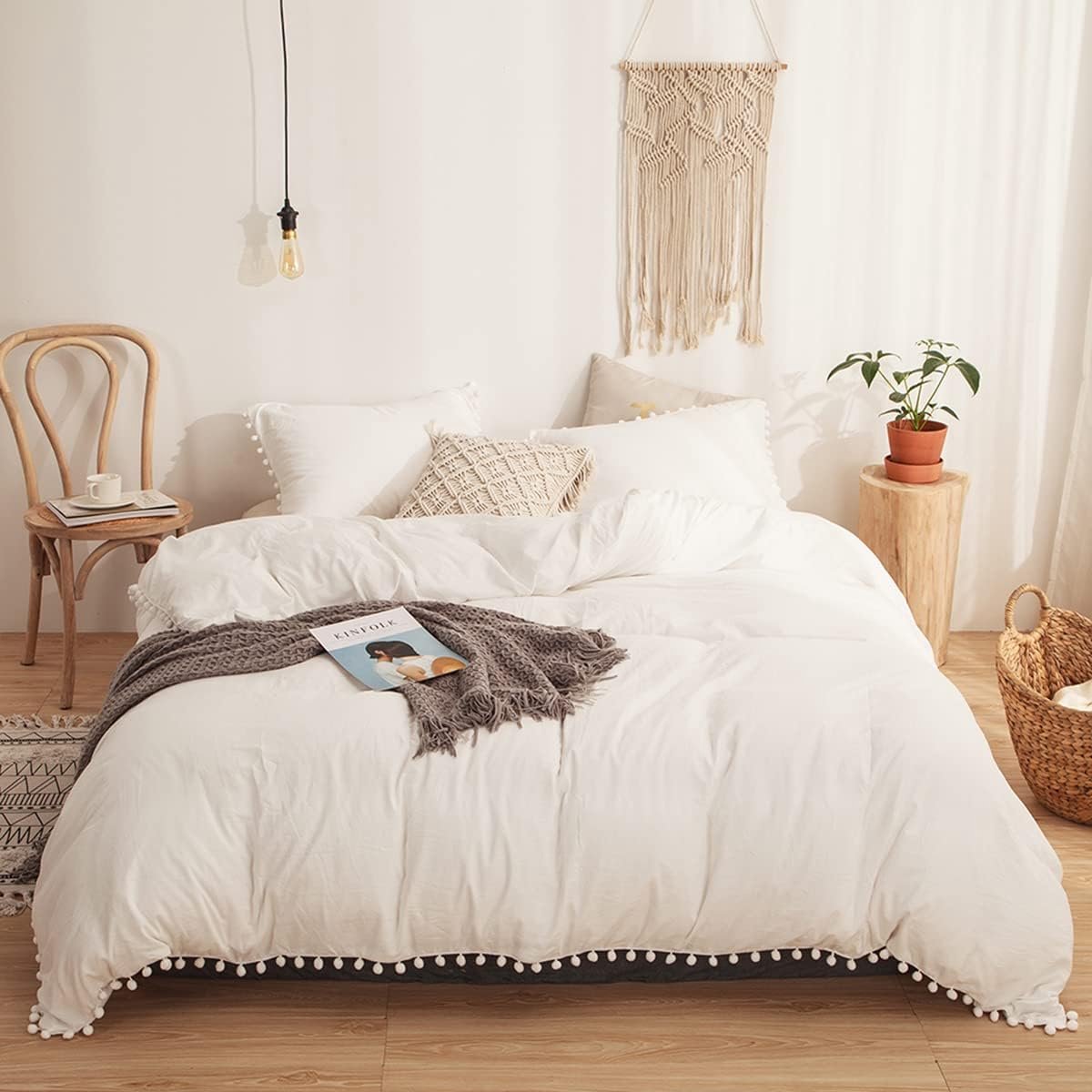Boheems beddengoed 135 x 200 cm 2-delig wit pompon kwastje Boho Chic beddengoed gewassen microvezel beddengoedsets Fringe meisjes dekbedovertrek met ritssluiting en kussensloop 80 x 80 cm