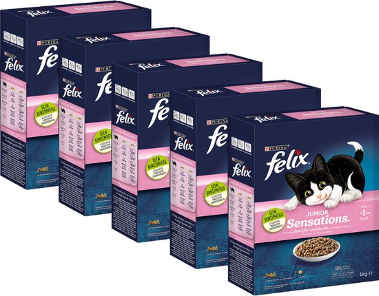 Felix Kattenvoer: 19x het Beste Voor blije kattenbuikjes 19 Felix Junior Sensations - Kattenvoer - Kip, Melk & Groenten - 5 x 1kg