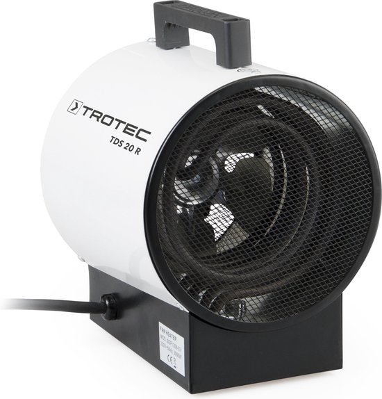 Witte Trotec TDS 20 R verwarming met zwart handvat, ventilatierooster en stroomkabel.