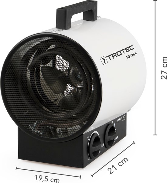 Witte Trotec TDS 20 R verwarming met zwarte basis, handvat en ventilatierooster. Afmetingen 27x19,5x21 cm.