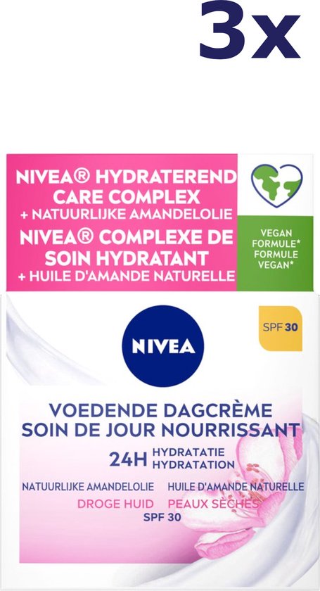 Drie Nivea dagcrème potten met roze bloemen en witte crèmerand. '3x' tekst bovenaan.