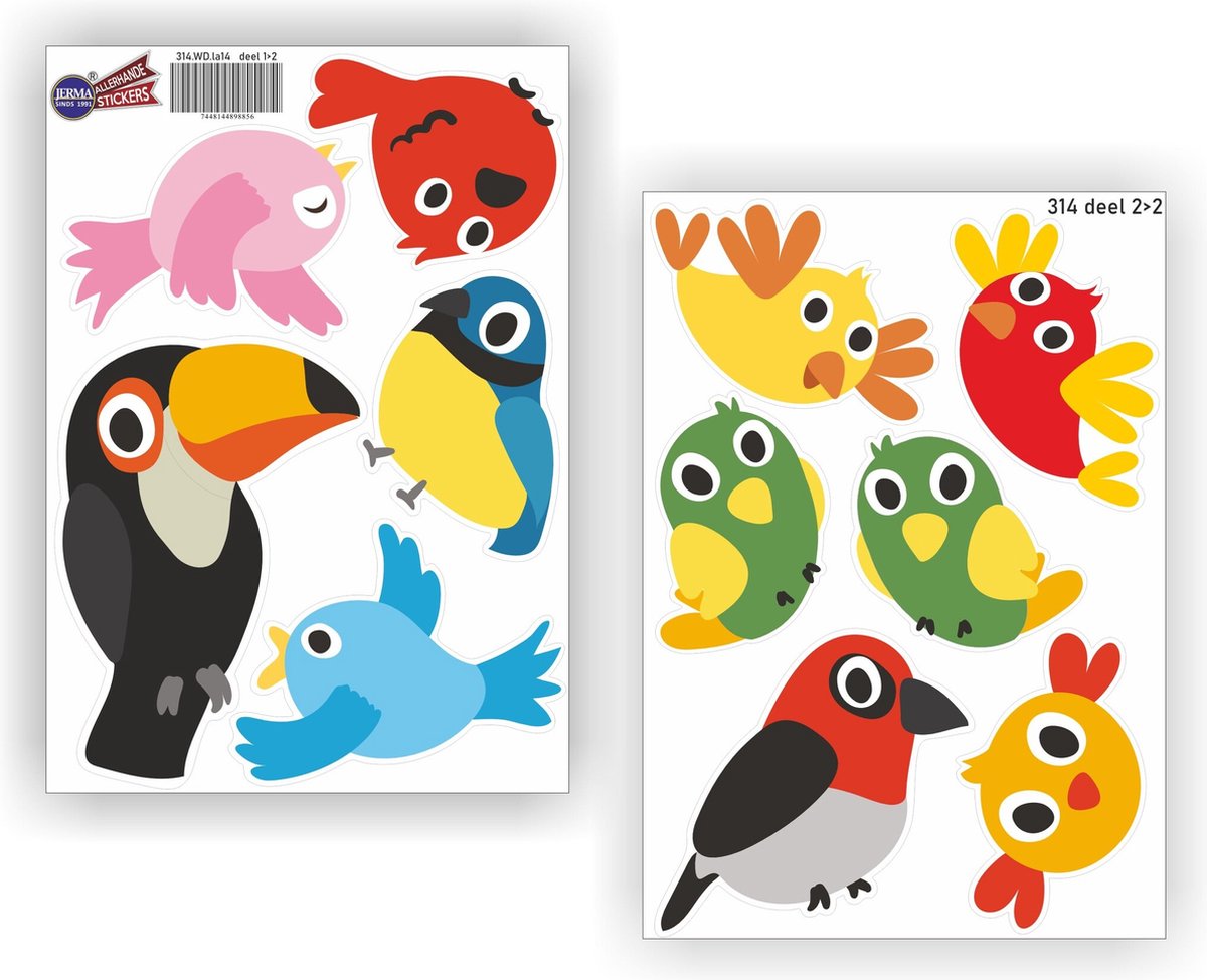 Jerma - Vrolijke gekleurde vogels - Raamstickers - Sticker - 11 st - div. maten - Zelfklevend