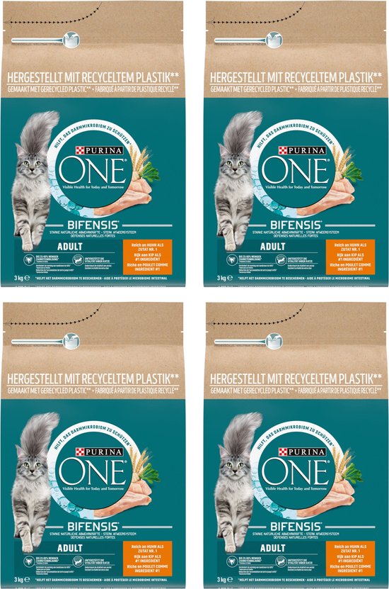 PURINA® ONE® Adult - Kattenbrokjes - Kip & Volkoren Granen - 4 x 3 kg