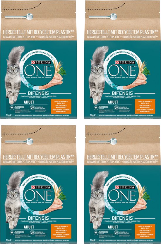 Purina One Adult Kip - Kattenvoer Droogvoer - Volkoren Granen - 4 x 3 kg