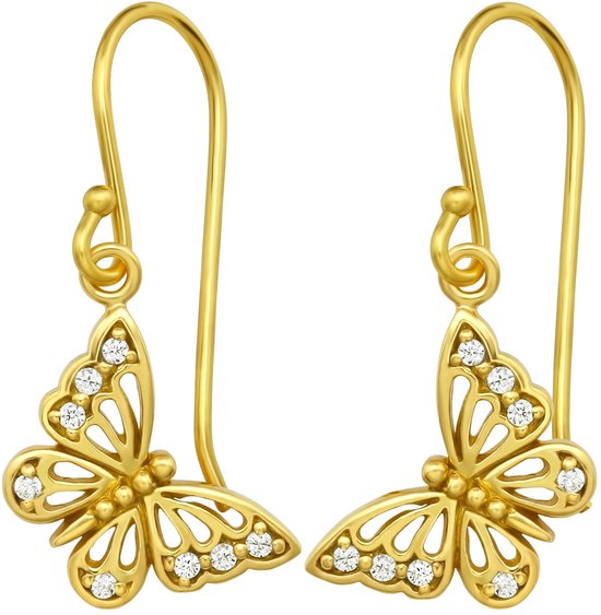 Joy|S - Zilveren vlinder bedel oorbellen - oorhangers - zirkonia - 14k goudplating