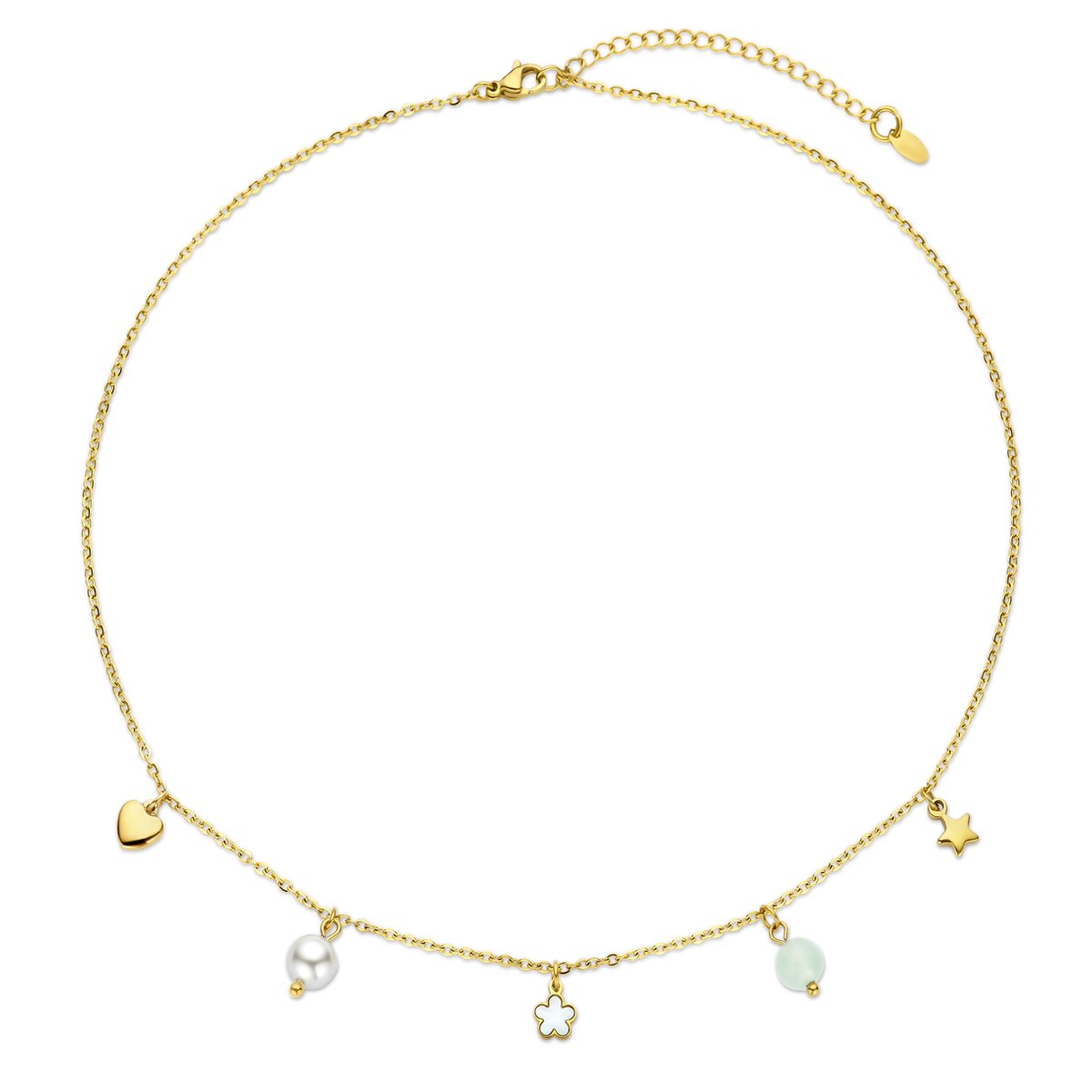 CO88 Collection 8CN-26417 Ketting met Hangertjes - Ster - Hartje - Bloem - Parel - Jade - 6,5mm - 40+5cm - Ankerschakel - 1,5mm - Goudkleurig