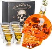 Schedel glazen set, whisky karaf cadeauset voor mannen - hoog borosilicaatglas 550 ml decanteerfles en 6 kleine wijnglazen (75ml) creatieve wijnset